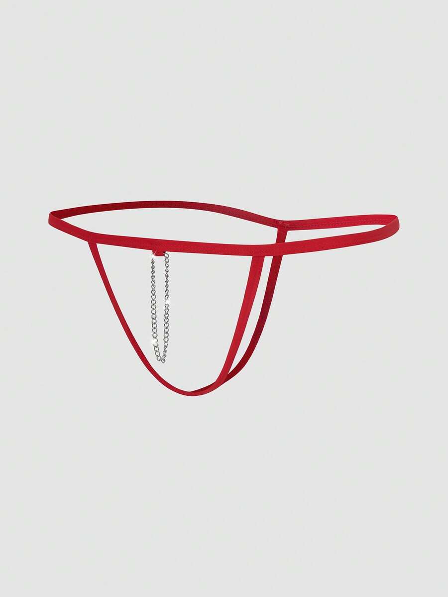 Red men's T-back thong underwear featuring a low-rise fit, colorblock pattern, and anti-slip chain detail.