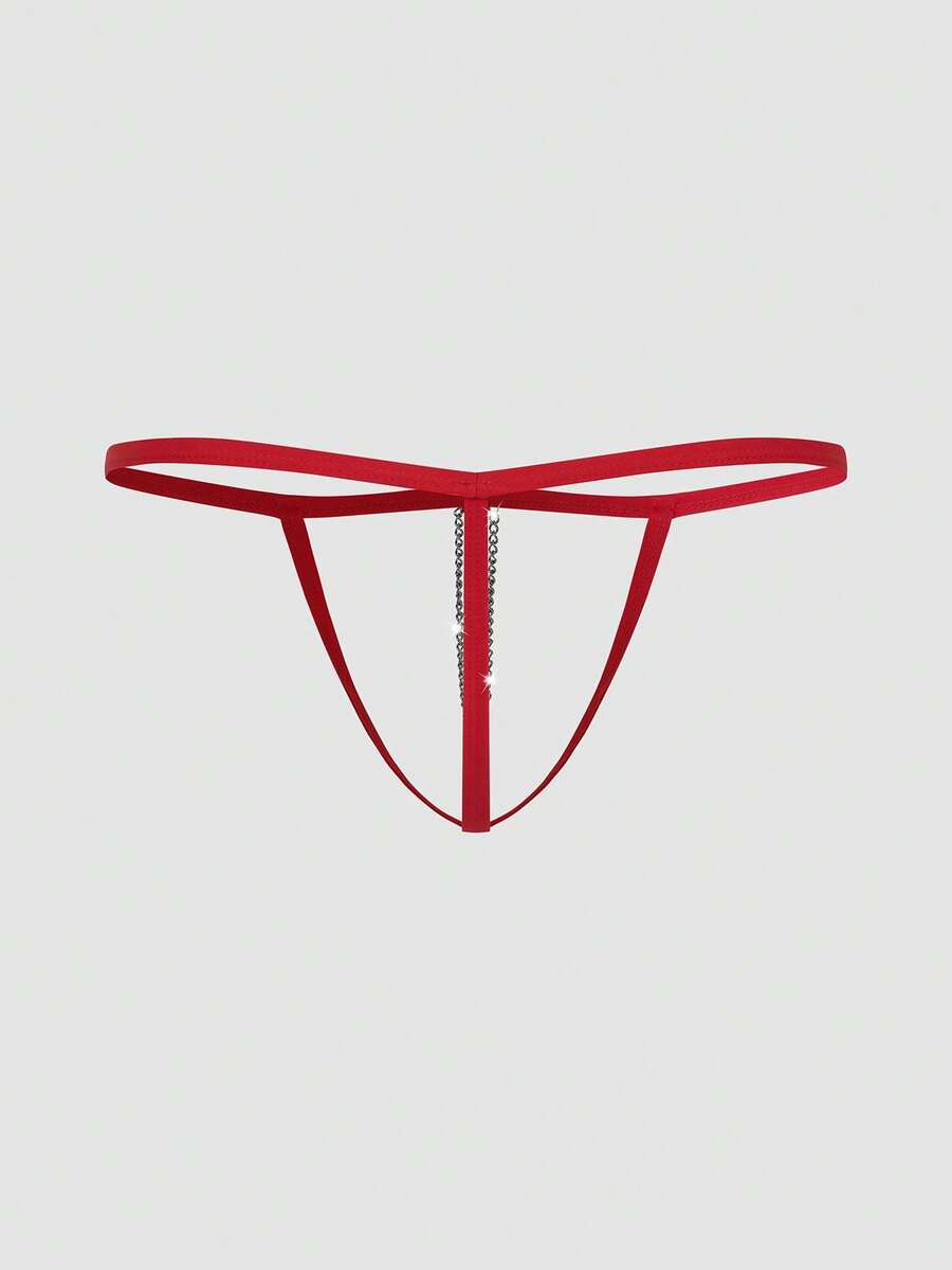Red men's T-back thong underwear featuring a low-rise fit, colorblock pattern, and anti-slip chain detail.