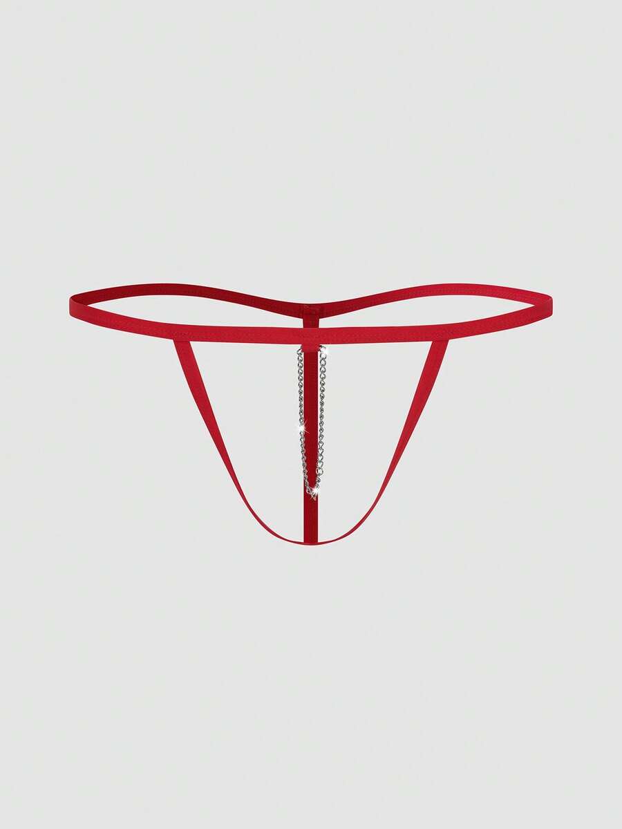 Red men's T-back thong underwear featuring a low-rise fit, colorblock pattern, and anti-slip chain detail.