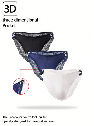3pcs men's multicolor triangle briefs with double-sided lace trim, low rise waist, and semi-sheer knitted fabric.