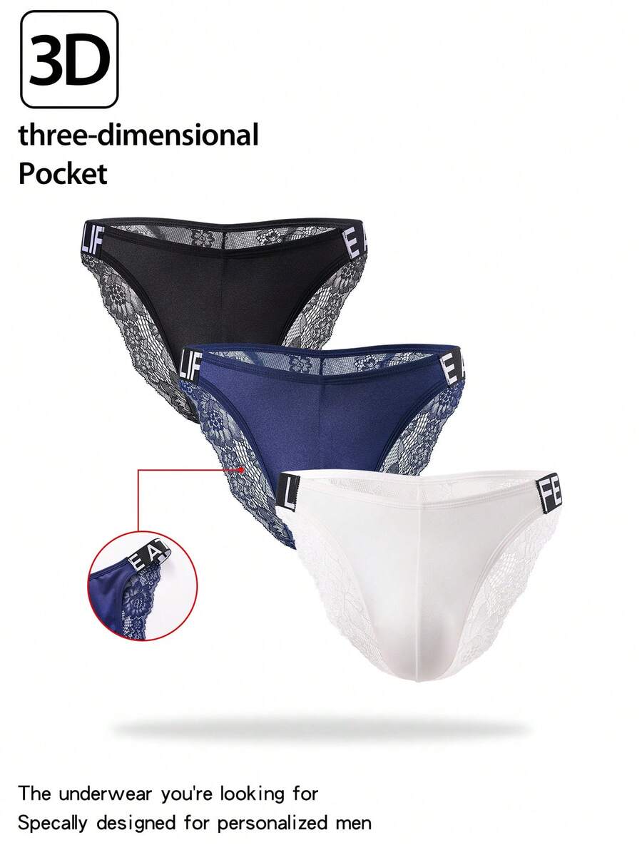 3pcs men's multicolor triangle briefs with double-sided lace trim, low rise waist, and semi-sheer knitted fabric.