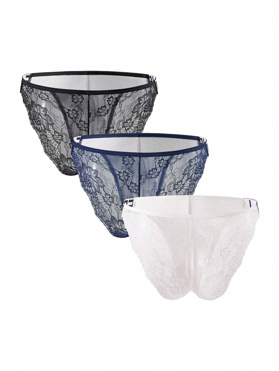 3pcs men's multicolor triangle briefs with double-sided lace trim, low rise waist, and semi-sheer knitted fabric.