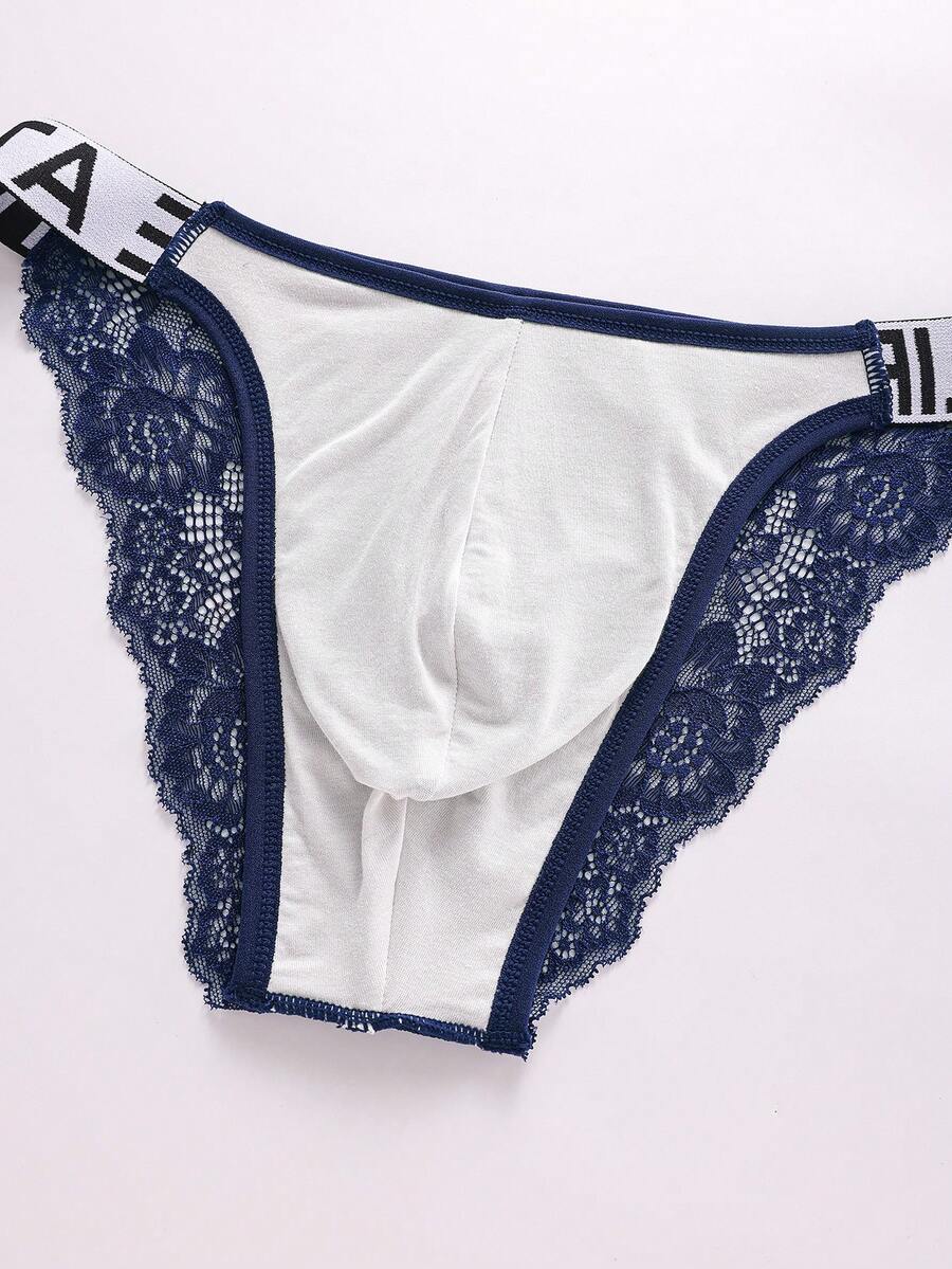3pcs men's multicolor triangle briefs with double-sided lace trim, low rise waist, and semi-sheer knitted fabric.