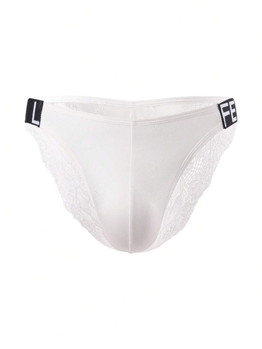 3pcs men's multicolor triangle briefs with double-sided lace trim, low rise waist, and semi-sheer knitted fabric.