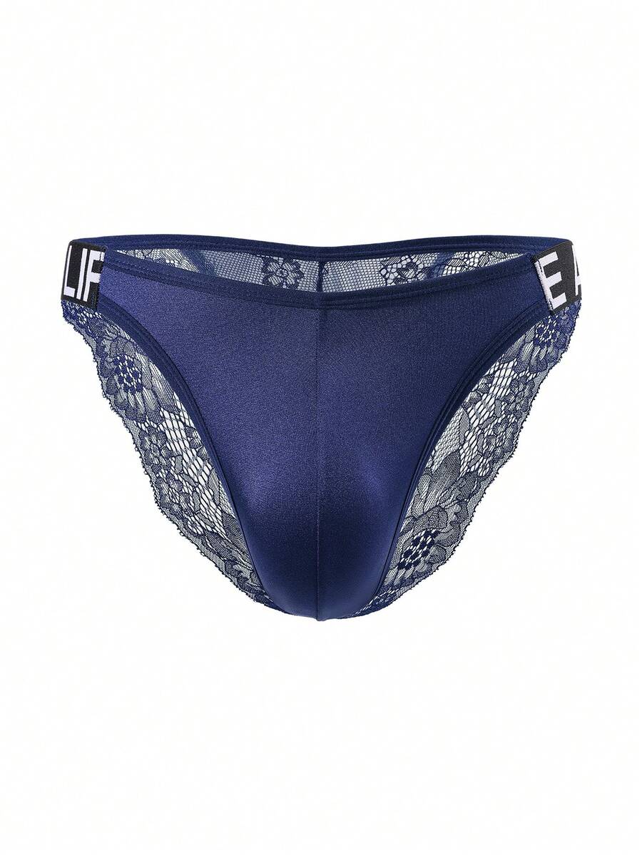 3pcs men's multicolor triangle briefs with double-sided lace trim, low rise waist, and semi-sheer knitted fabric.