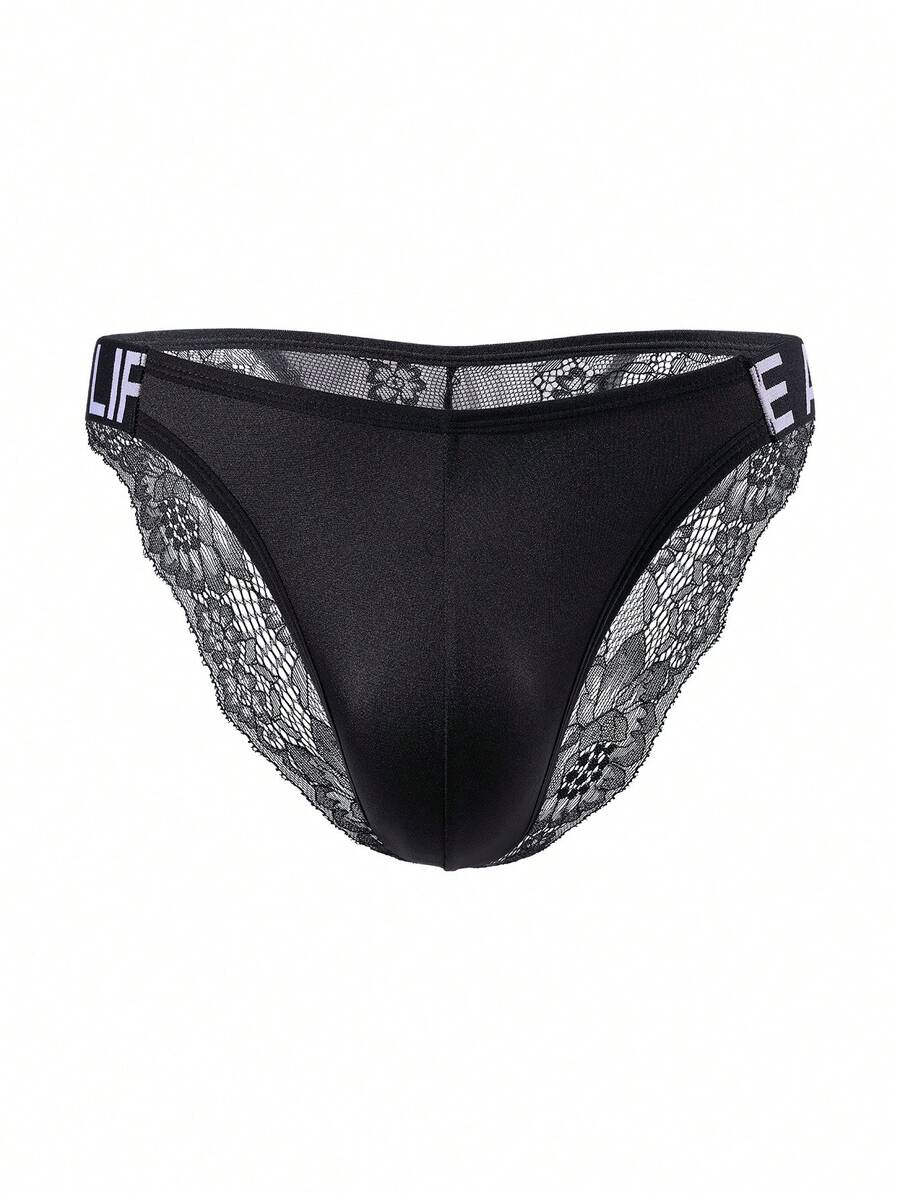 3pcs men's multicolor triangle briefs with double-sided lace trim, low rise waist, and semi-sheer knitted fabric.