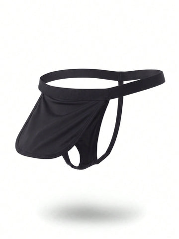 Black low rise men's thong underwear made of stretch knitted fabric