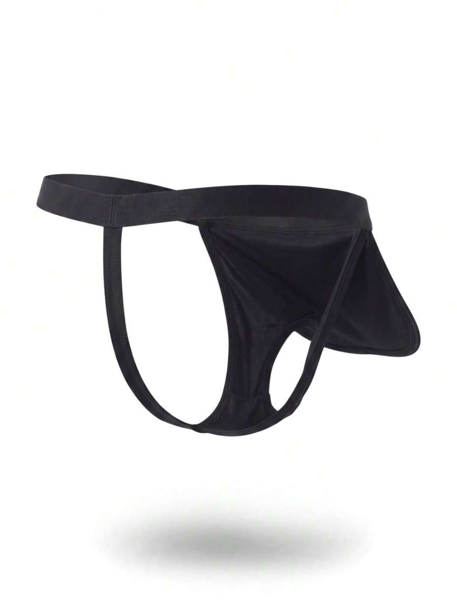 Black low rise men's thong underwear made of stretch knitted fabric
