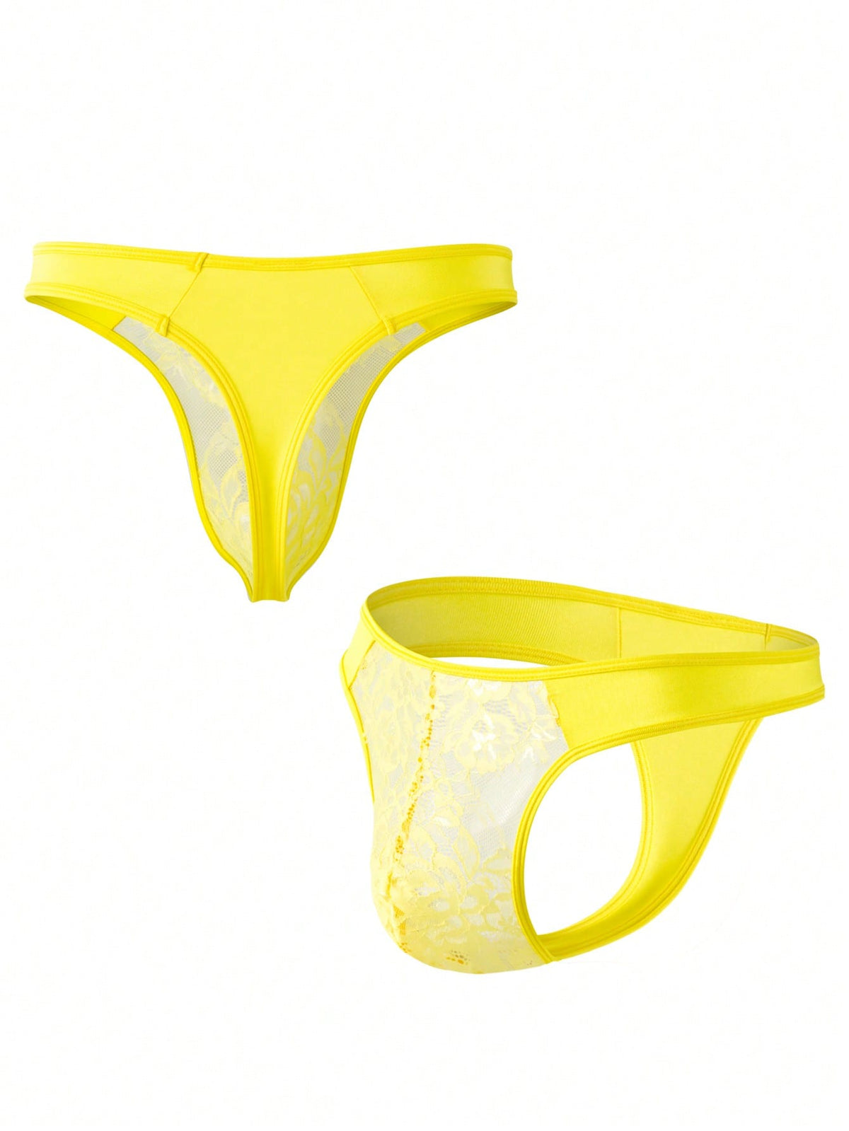 Yellow low waist men's lace thong underwear with colorblock patchwork design