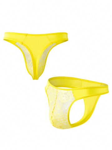 Yellow low waist men's lace thong underwear with colorblock patchwork design