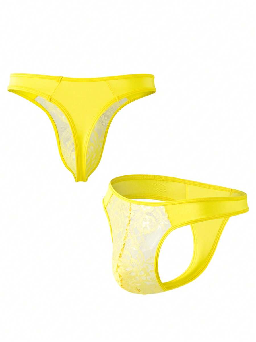 Yellow low waist men's lace thong underwear with colorblock patchwork design