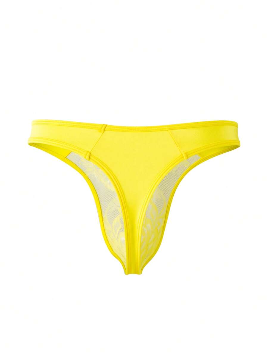 Yellow low waist men's lace thong underwear with colorblock patchwork design