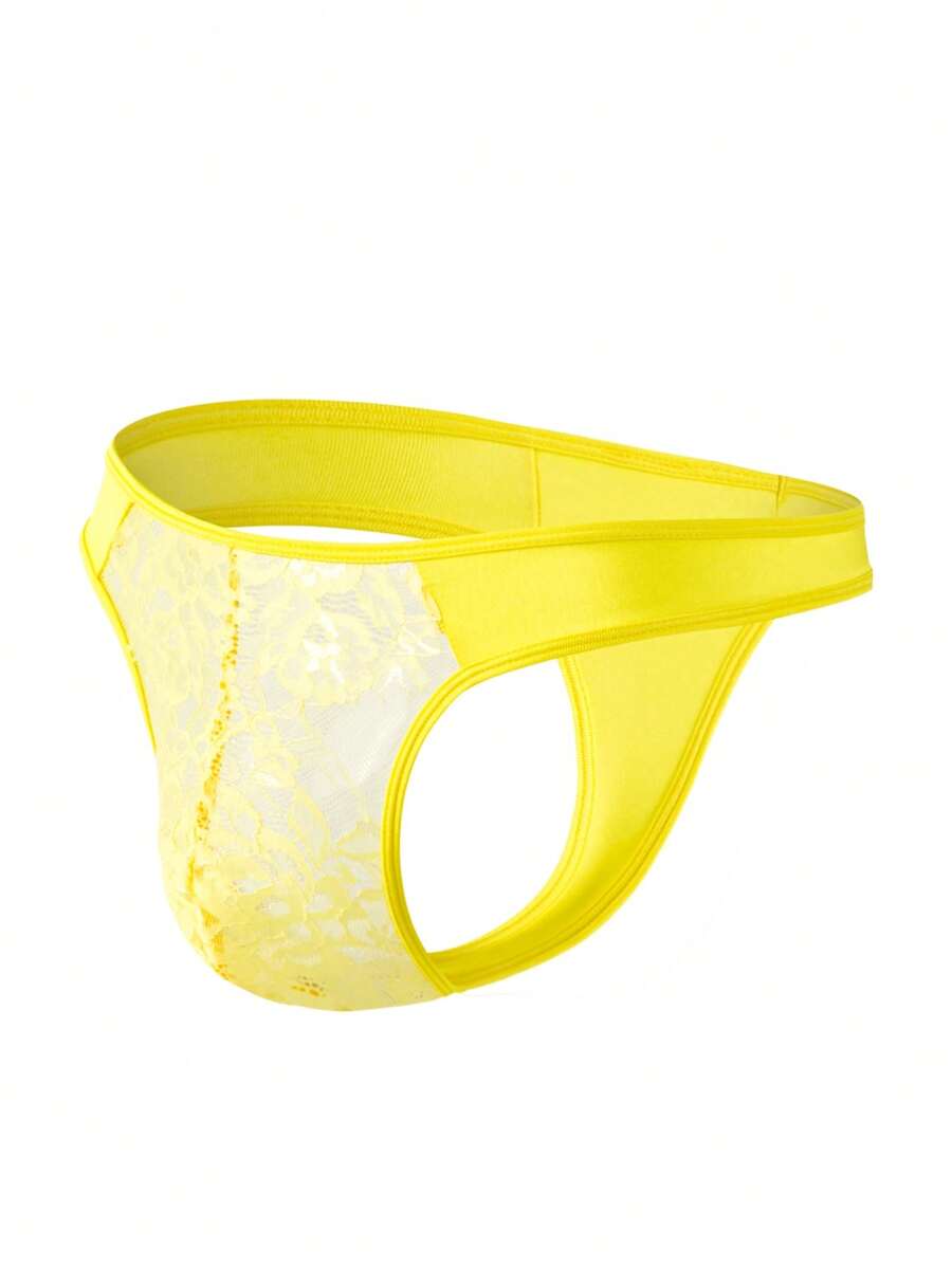 Yellow low waist men's lace thong underwear with colorblock patchwork design