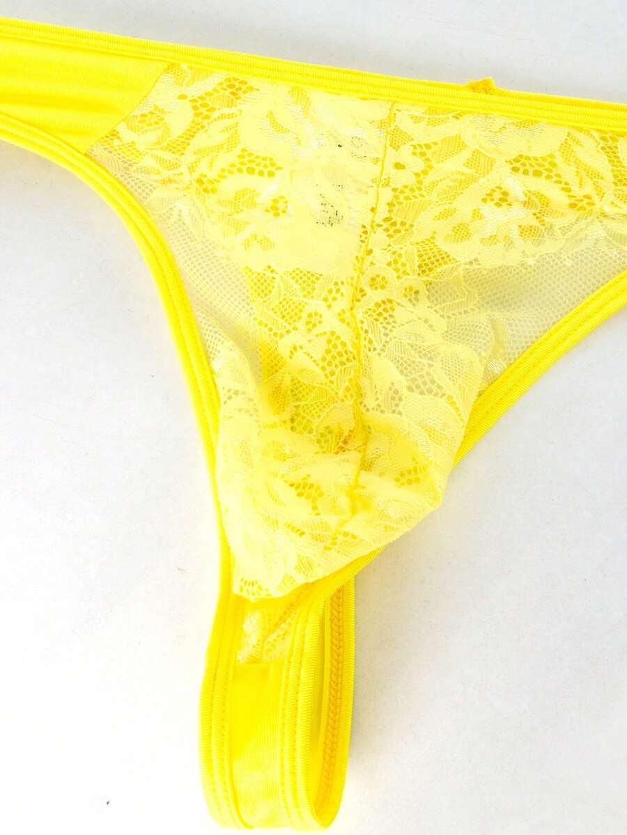 Yellow low waist men's lace thong underwear with colorblock patchwork design