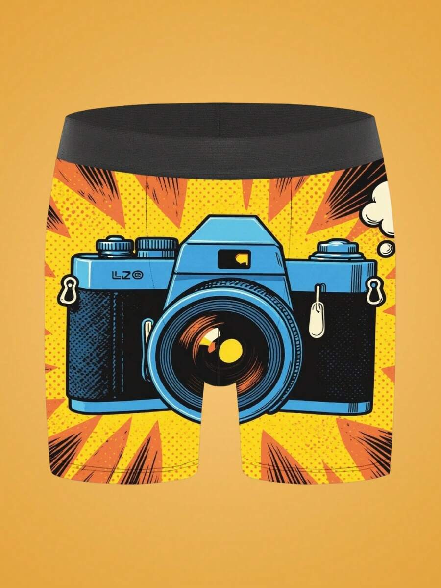 Men's graphic and letter printed mid-rise boxers in multicolor knitted stretch fabric.