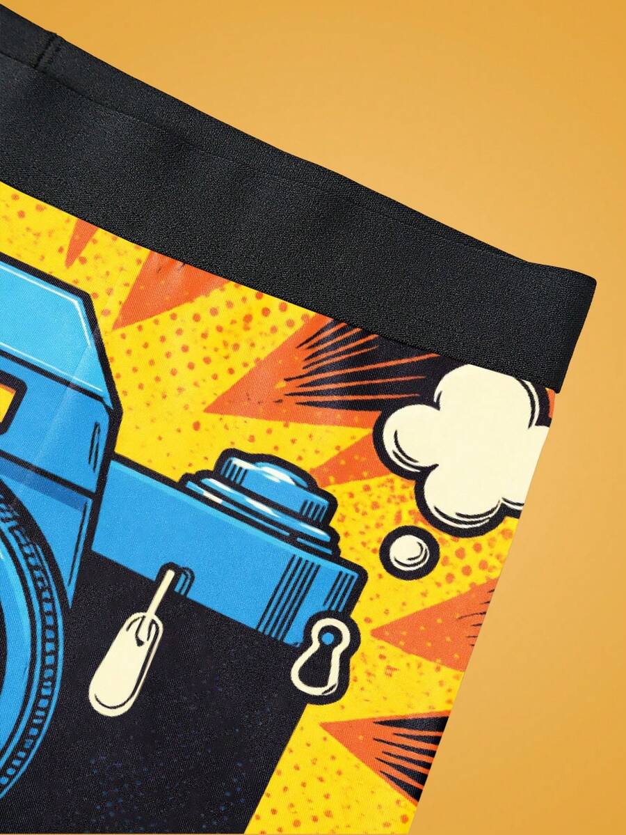 Men's graphic and letter printed mid-rise boxers in multicolor knitted stretch fabric.