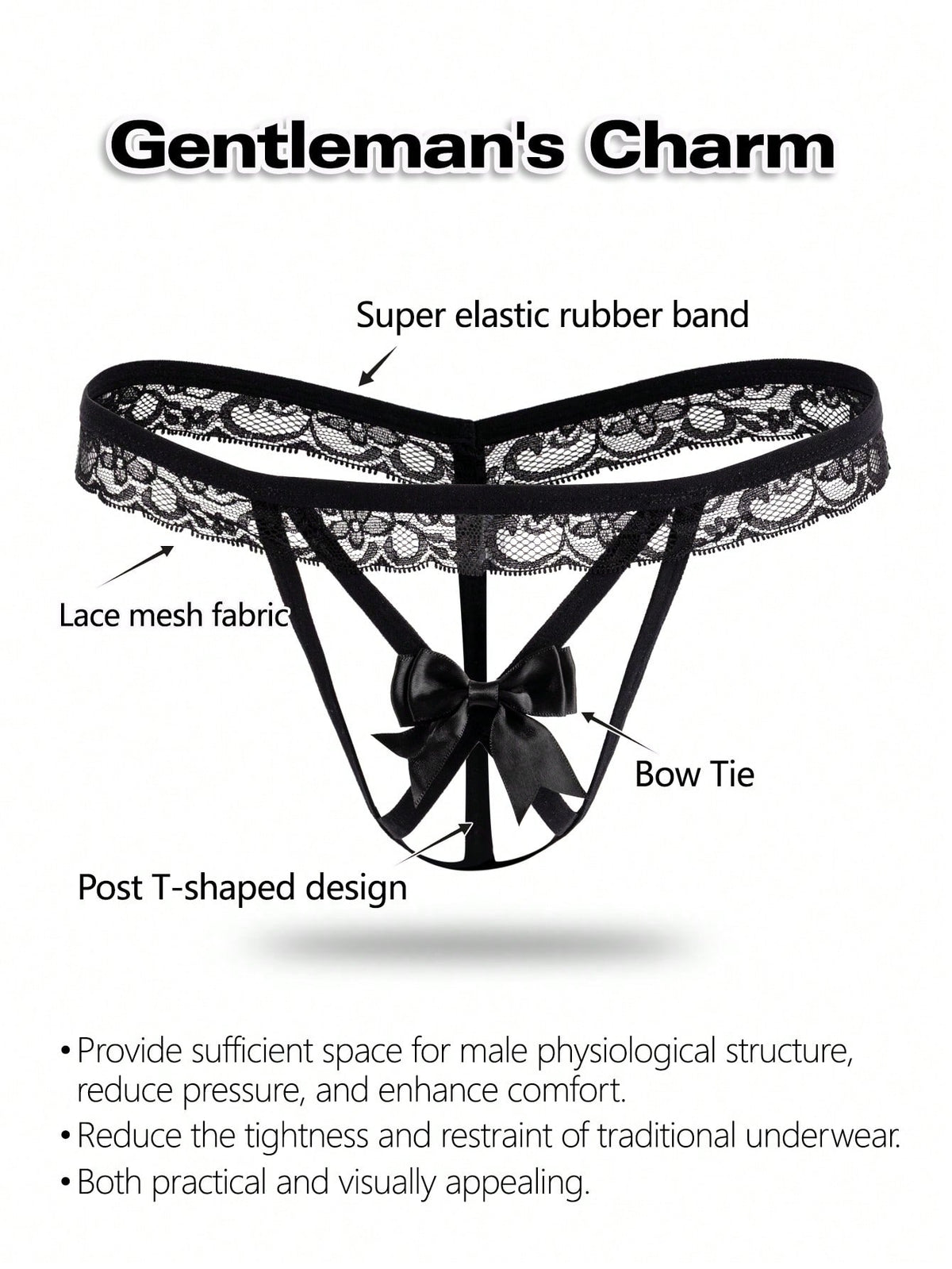 Black low-rise men's thong underwear with bow waist accent made of knitted fabric