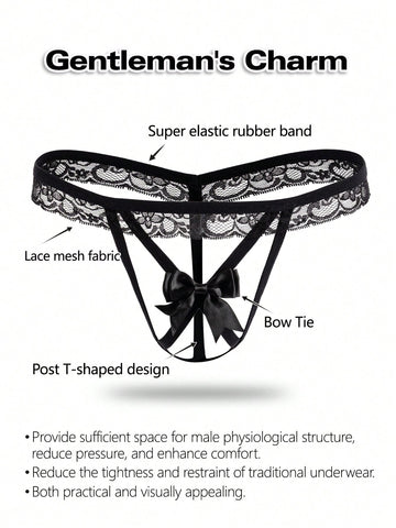 Black low-rise men's thong underwear with bow waist accent made of knitted fabric