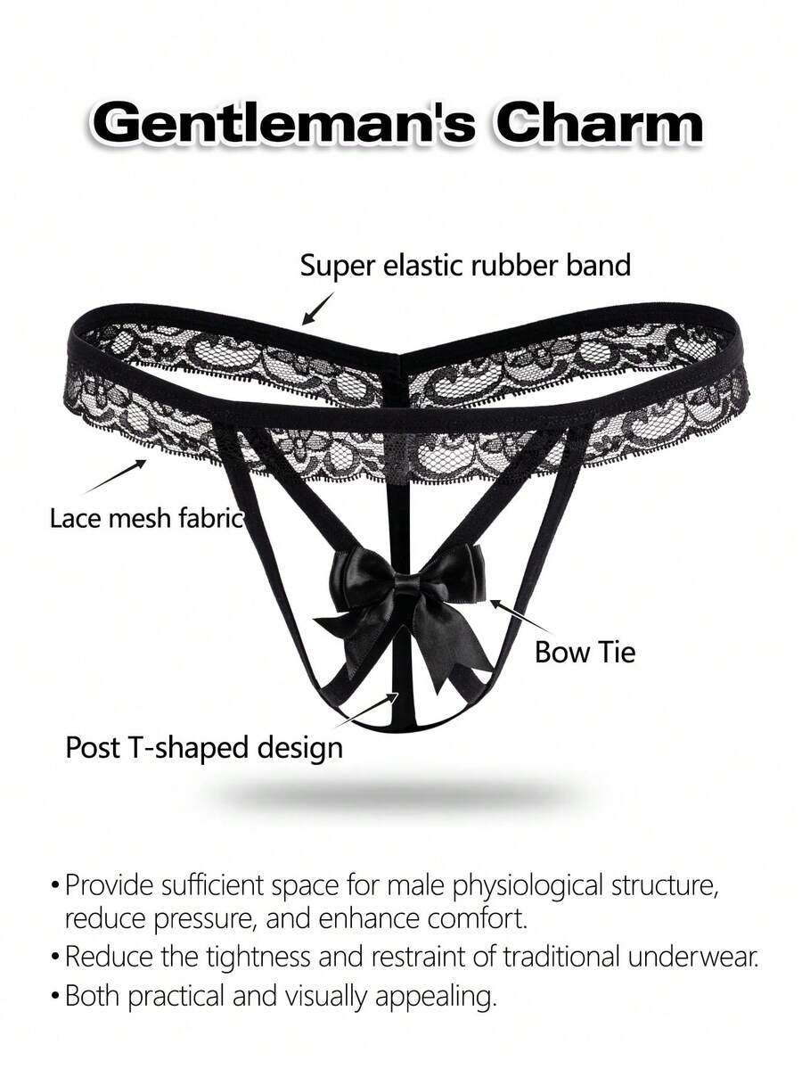 Black low-rise men's thong underwear with bow waist accent made of knitted fabric
