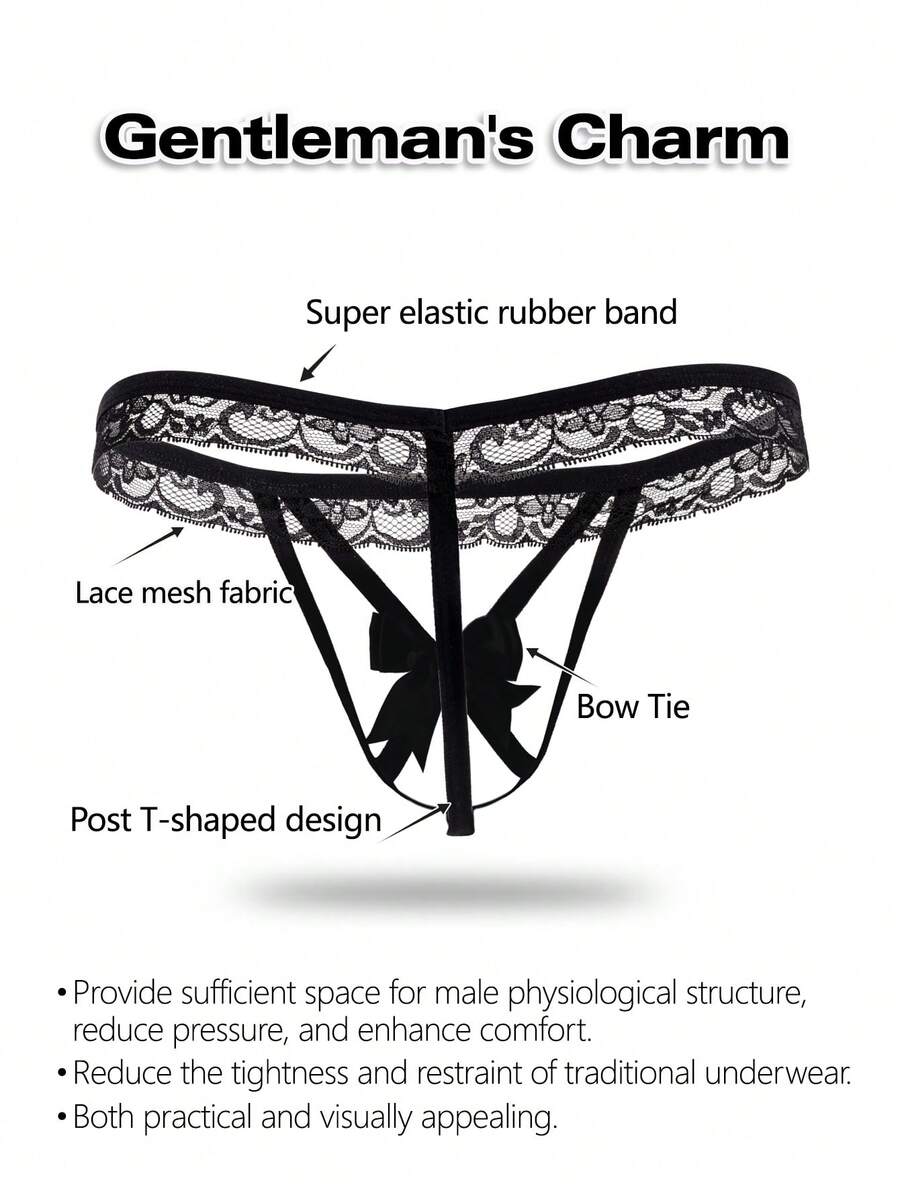 Black low-rise men's thong underwear with bow waist accent made of knitted fabric