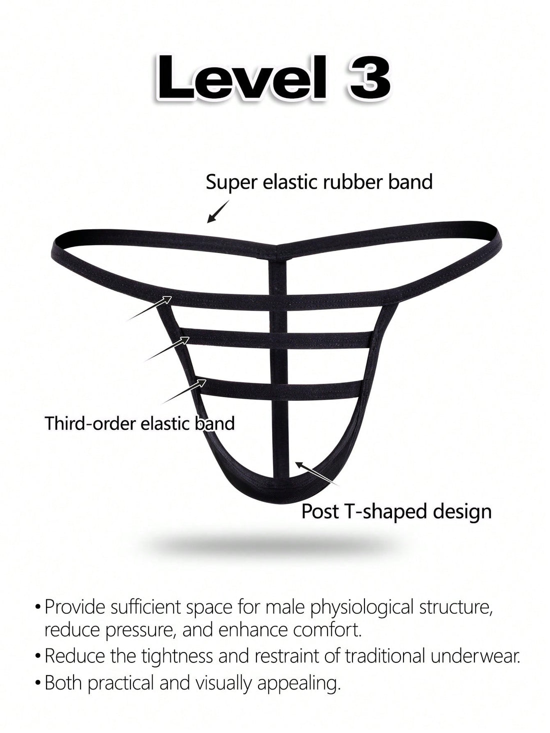 Black low-rise men's T-back thong underwear featuring an anti-slip design made from knitted medium-stretch fabric.