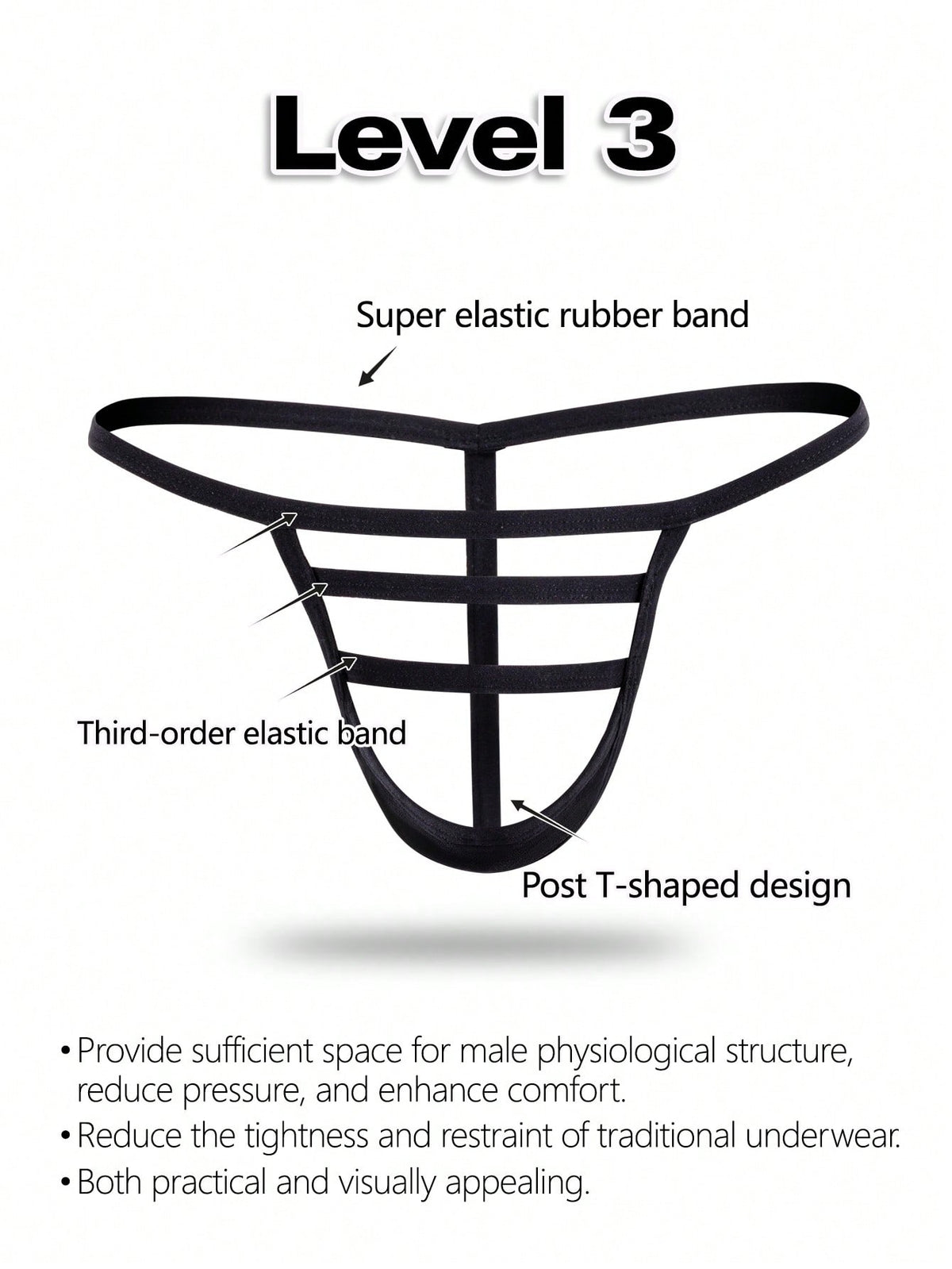 Black low-rise men's T-back thong underwear featuring an anti-slip design made from knitted medium-stretch fabric.