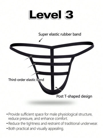 Black low-rise men's T-back thong underwear featuring an anti-slip design made from knitted medium-stretch fabric.