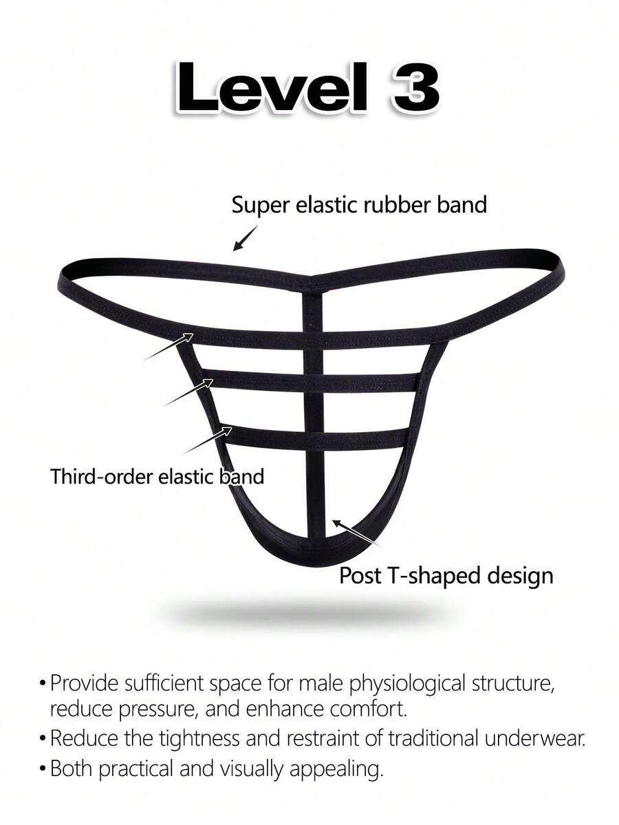 Black low-rise men's T-back thong underwear featuring an anti-slip design made from knitted medium-stretch fabric.