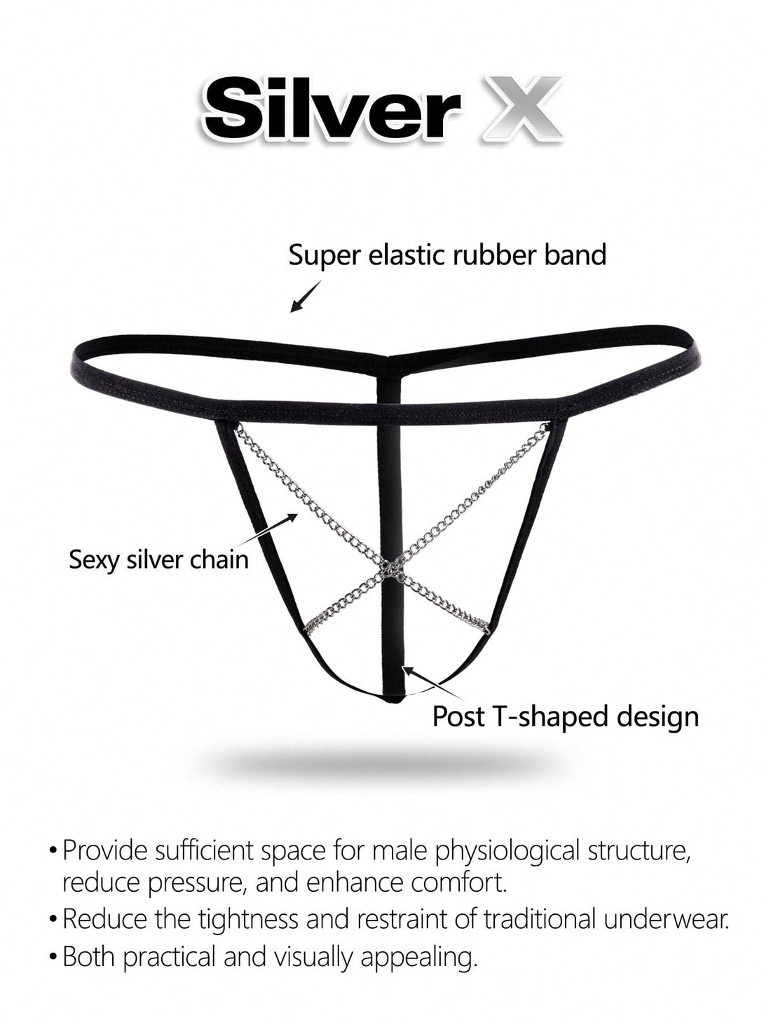 Black men's low rise thong underwear with chain detail and colorblock knitted fabric design
