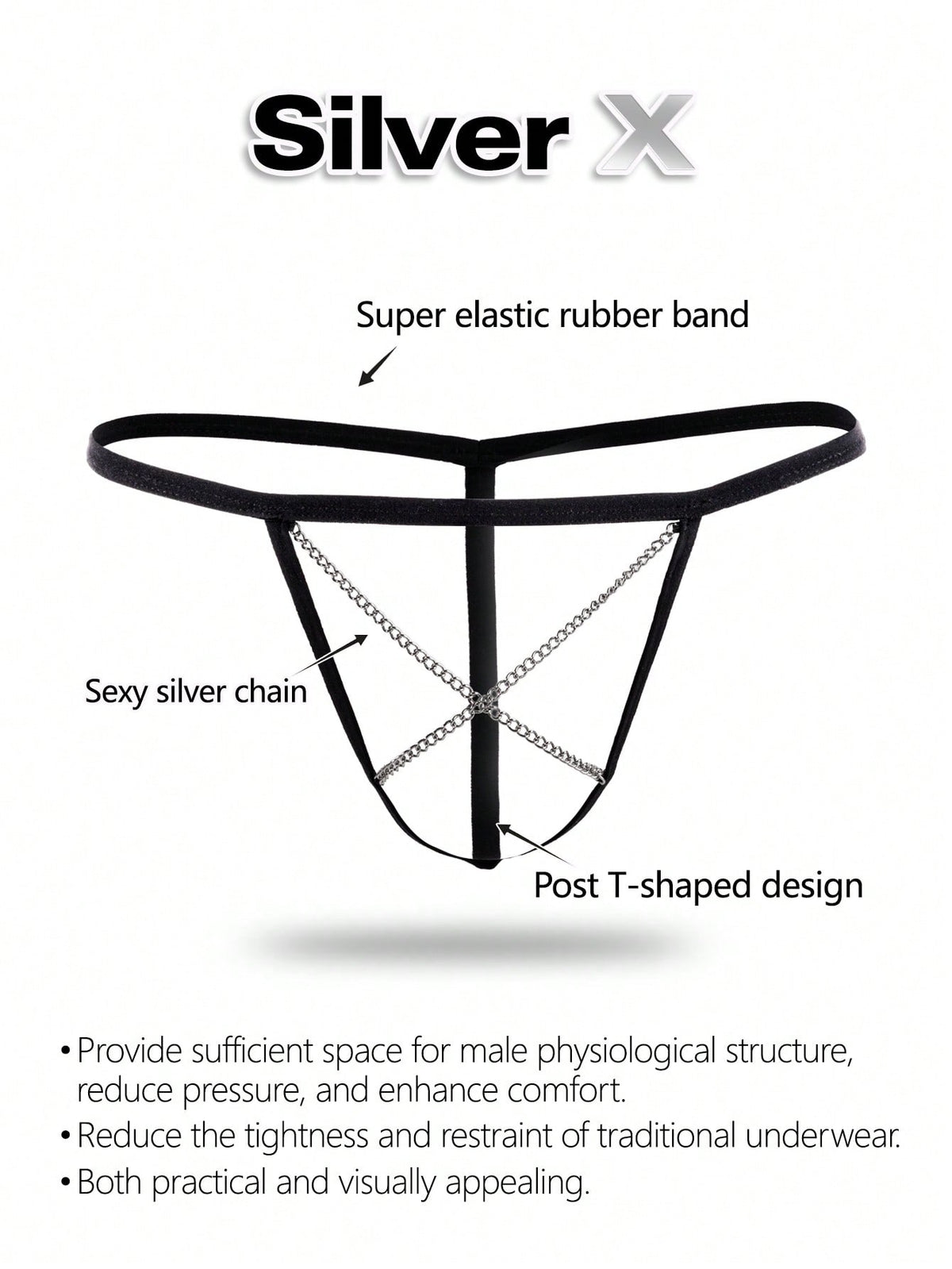 Black men's low rise thong underwear with chain detail and colorblock knitted fabric design
