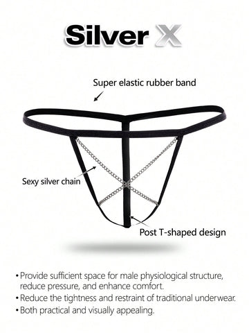 Black men's low rise thong underwear with chain detail and colorblock knitted fabric design