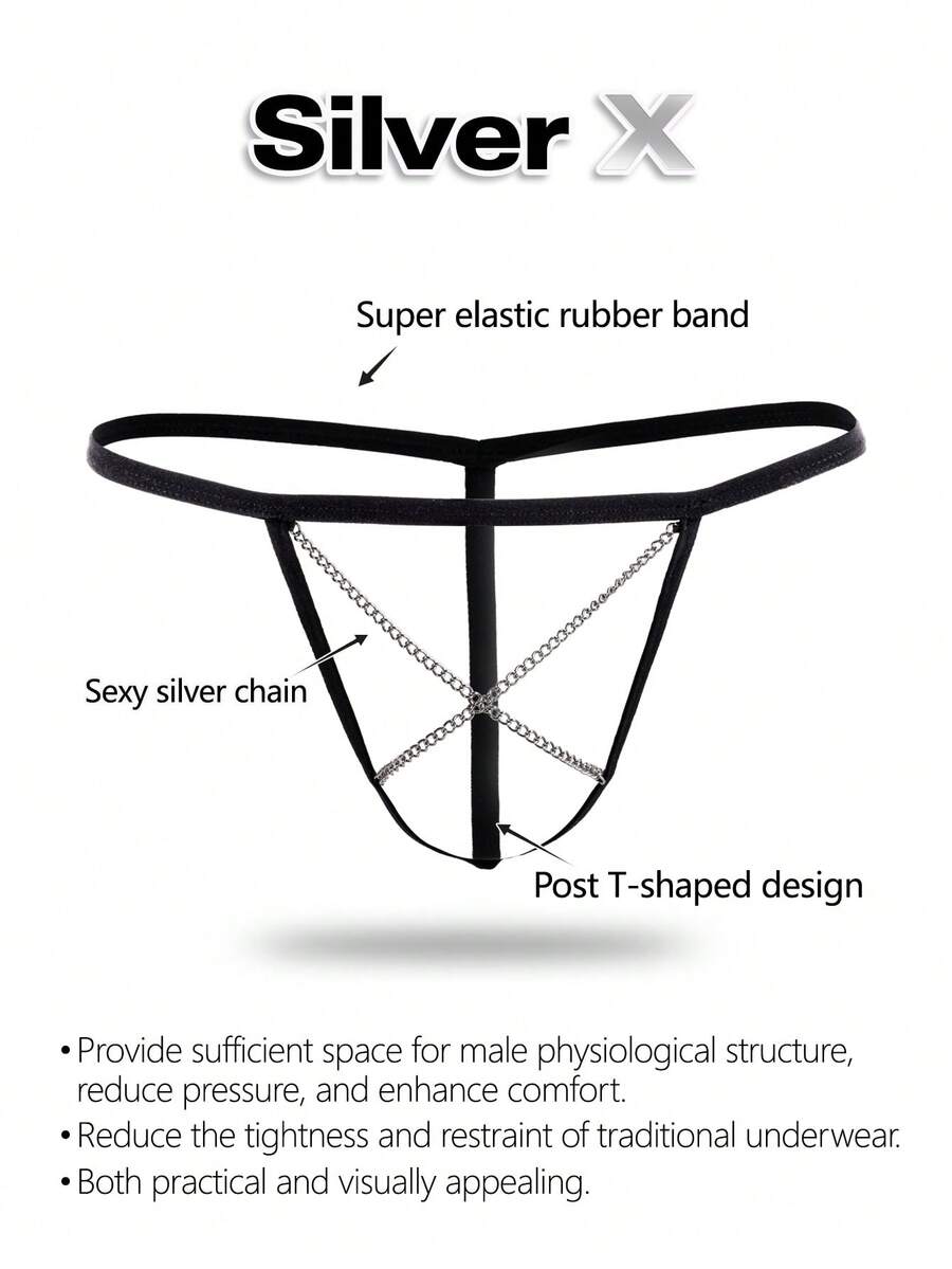 Black men's low rise thong underwear with chain detail and colorblock knitted fabric design