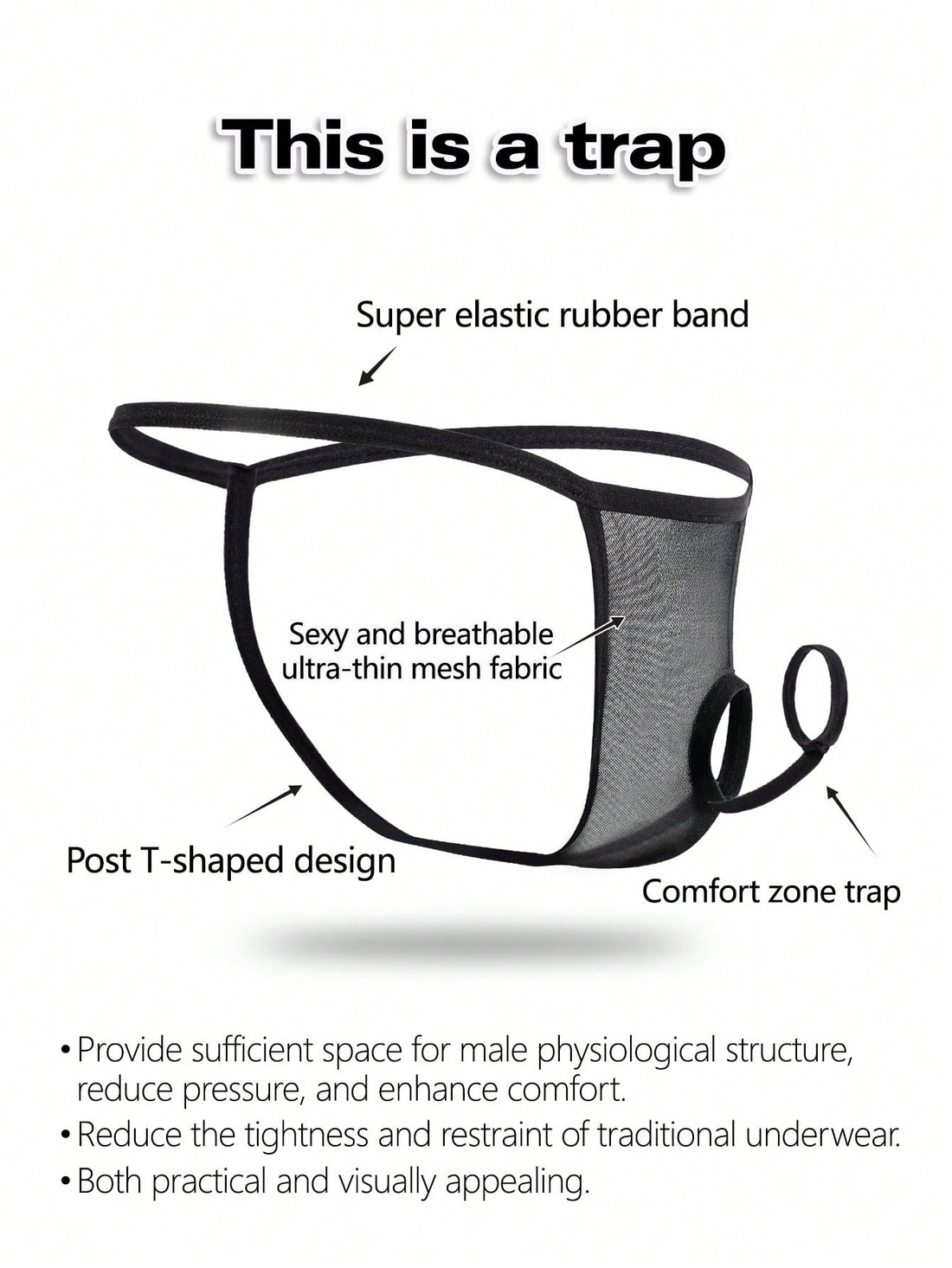 Black men's hollow mesh thong underwear featuring a mid-rise waist and colorblock design.