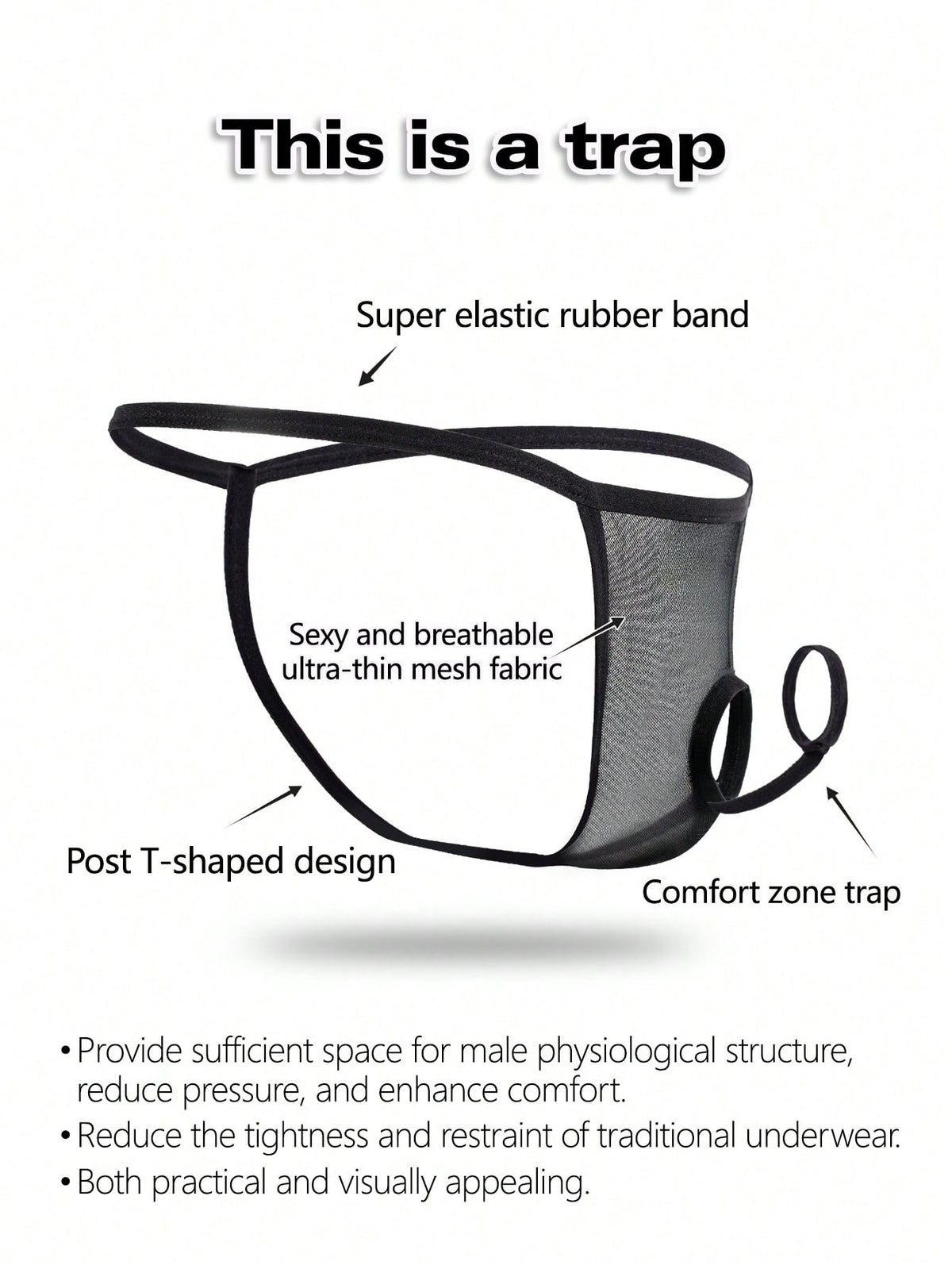 Black men's hollow mesh thong underwear featuring a mid-rise waist and colorblock design.