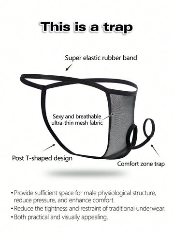 Black men's hollow mesh thong underwear featuring a mid-rise waist and colorblock design.