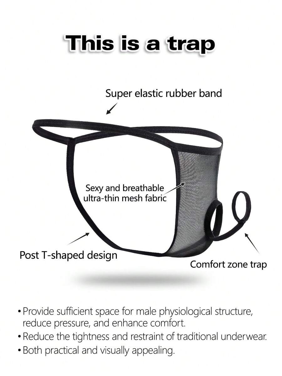 Black men's hollow mesh thong underwear featuring a mid-rise waist and colorblock design.