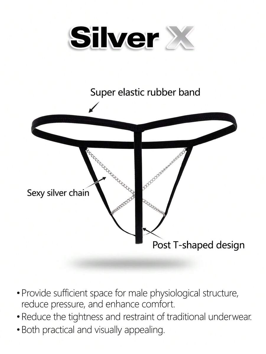 Black men's low rise thong underwear with chain detail and colorblock knitted fabric design