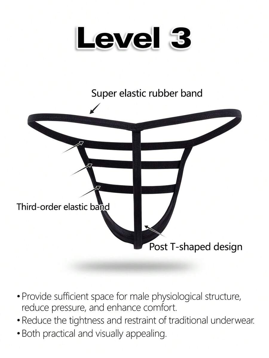 Black low-rise men's T-back thong underwear featuring an anti-slip design made from knitted medium-stretch fabric.