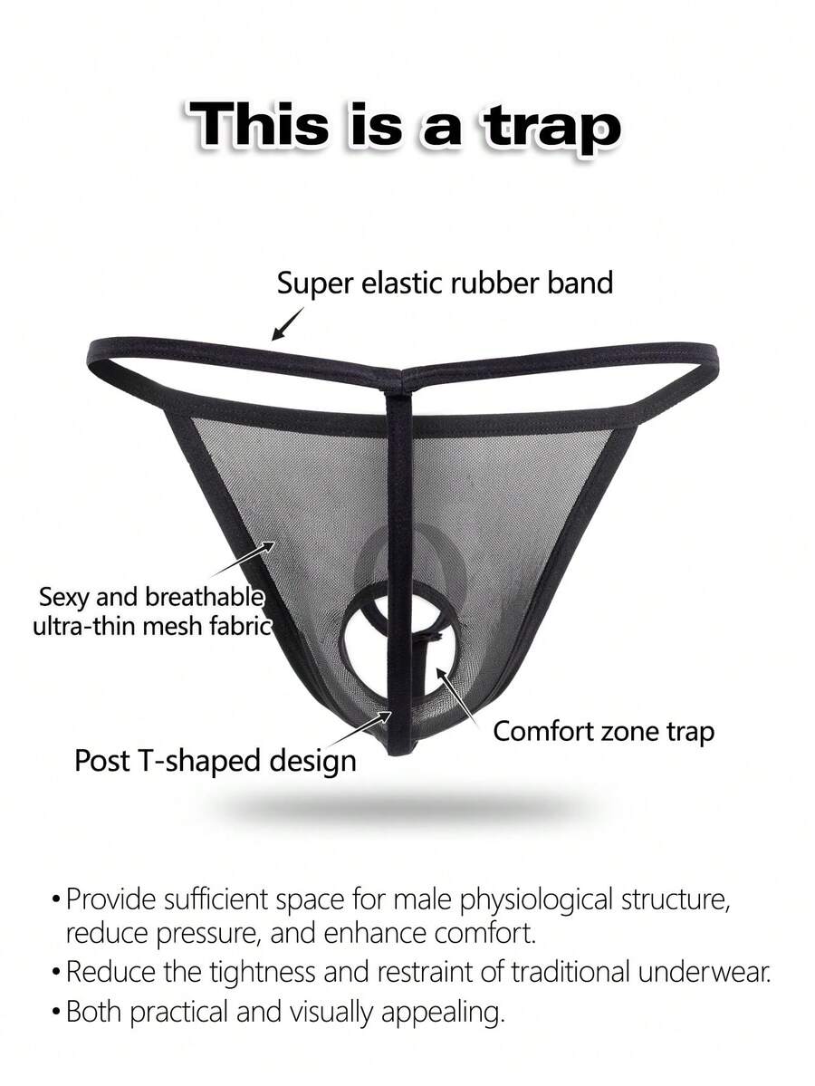Black men's hollow mesh thong underwear featuring a mid-rise waist and colorblock design.