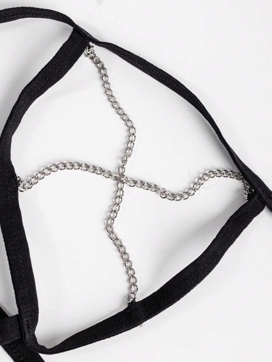 Black men's low rise thong underwear with chain detail and colorblock knitted fabric design