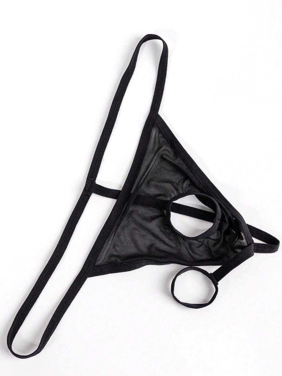 Black men's hollow mesh thong underwear featuring a mid-rise waist and colorblock design.