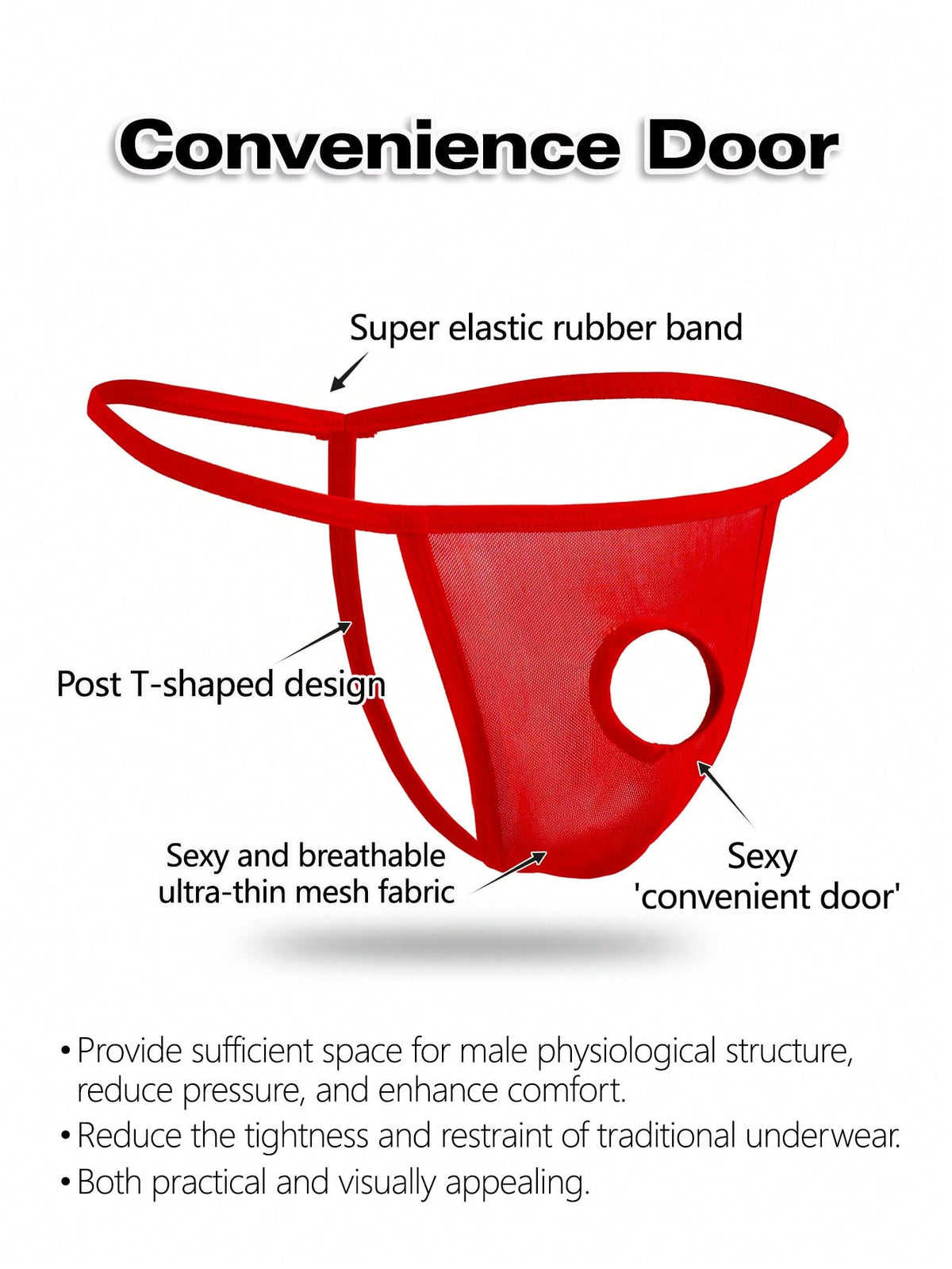 Men's red mesh thong underwear featuring a low-rise waist and hollow-out design.