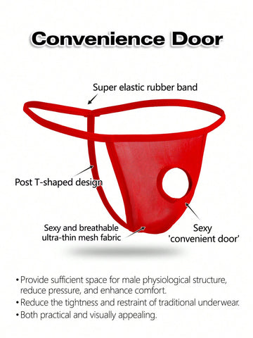 Men's red mesh thong underwear featuring a low-rise waist and hollow-out design.