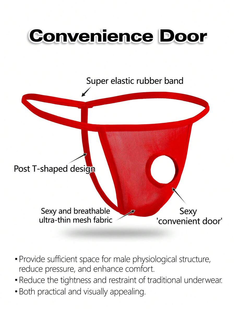 Men's red mesh thong underwear featuring a low-rise waist and hollow-out design.