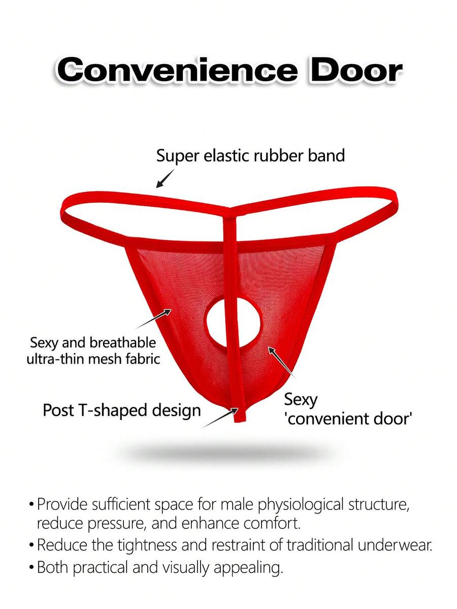 Men's red mesh thong underwear featuring a low-rise waist and hollow-out design.