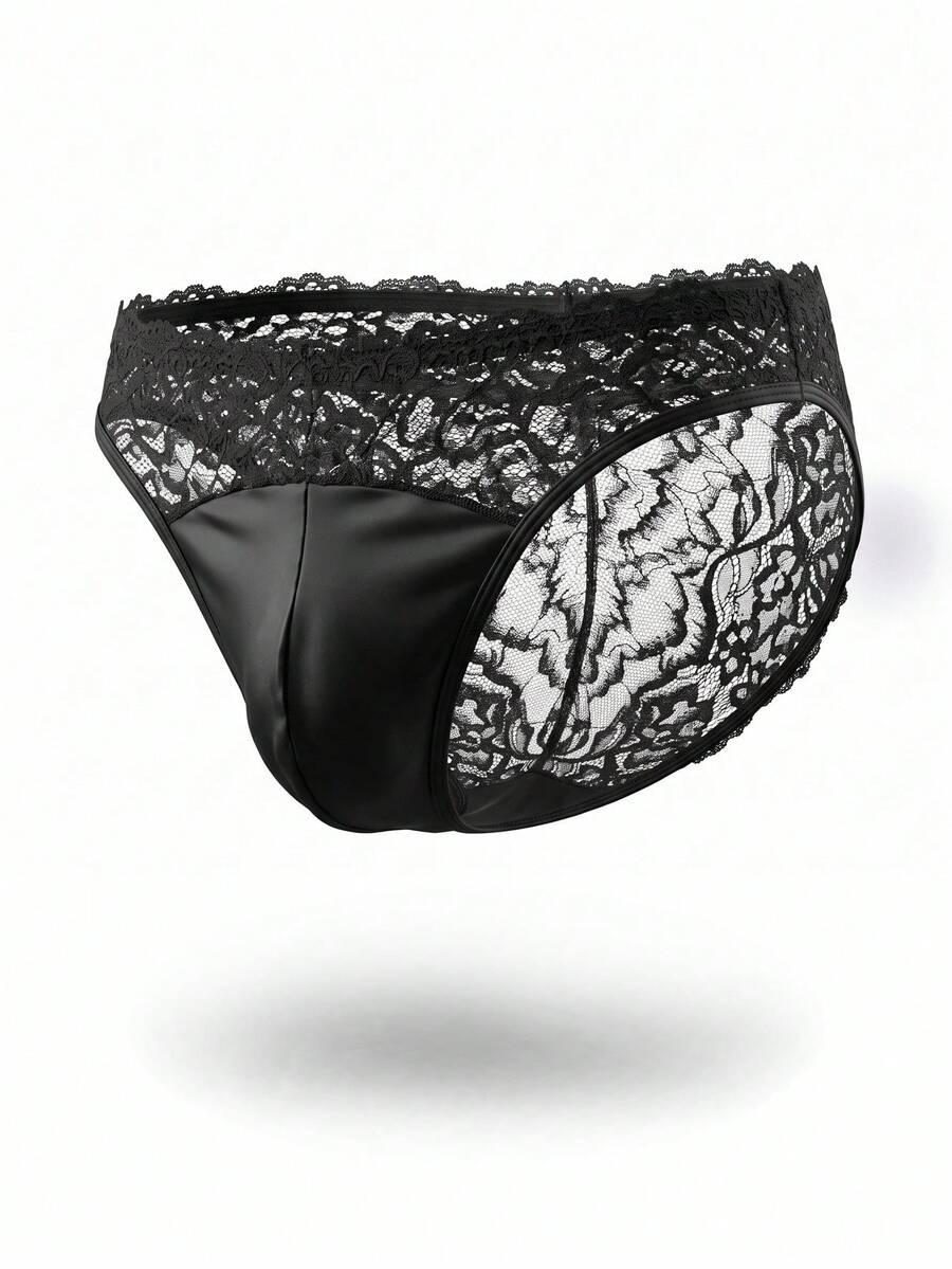Men's black lace patchwork briefs featuring contrast binding and a mid-rise waistband.