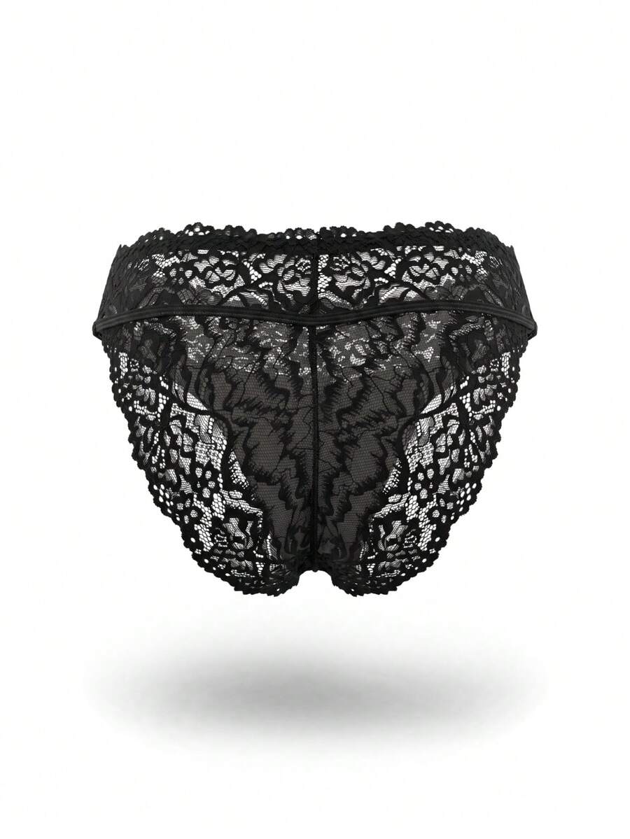 Men's black lace patchwork briefs featuring contrast binding and a mid-rise waistband.