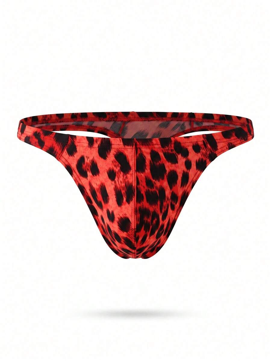 Men's leopard print thong underwear featuring a low-rise fit and high-stretch multicolor fabric.