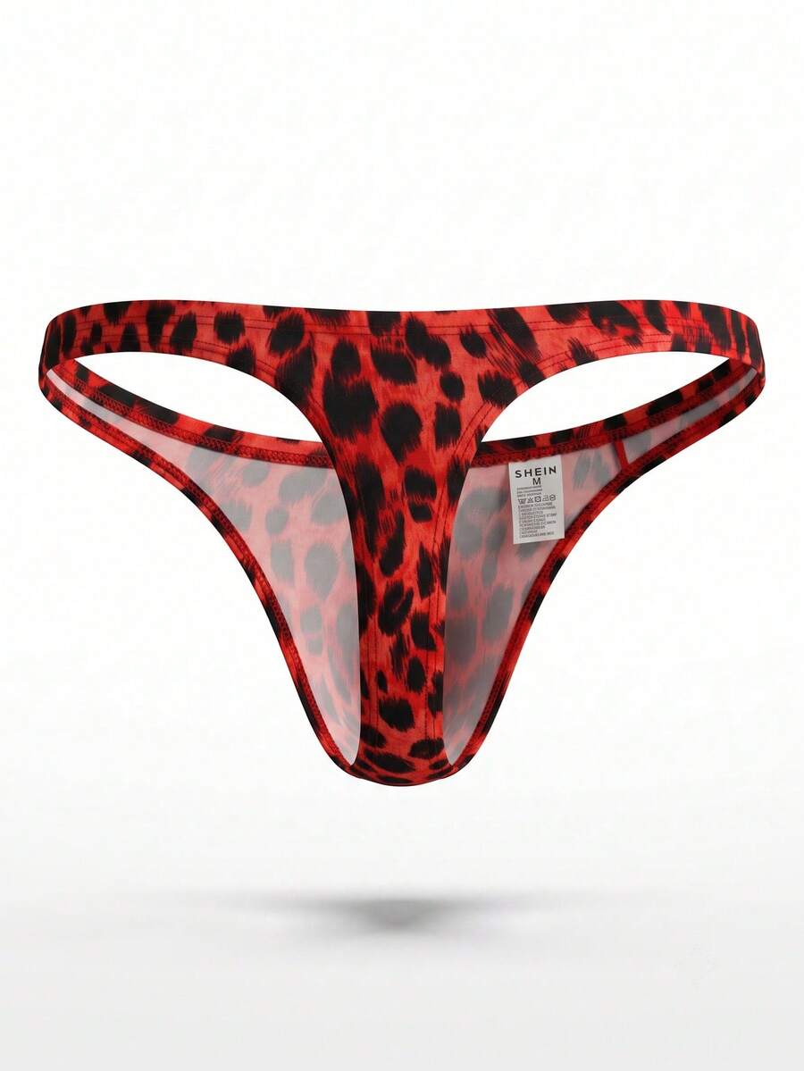 Men's leopard print thong underwear featuring a low-rise fit and high-stretch multicolor fabric.