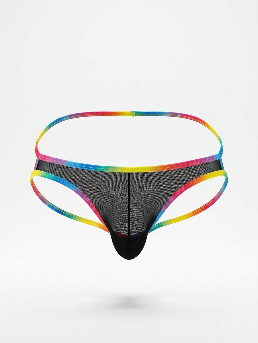 Black men's low rise thong underwear featuring colorblock trim, made from medium stretch polyamide fabric.